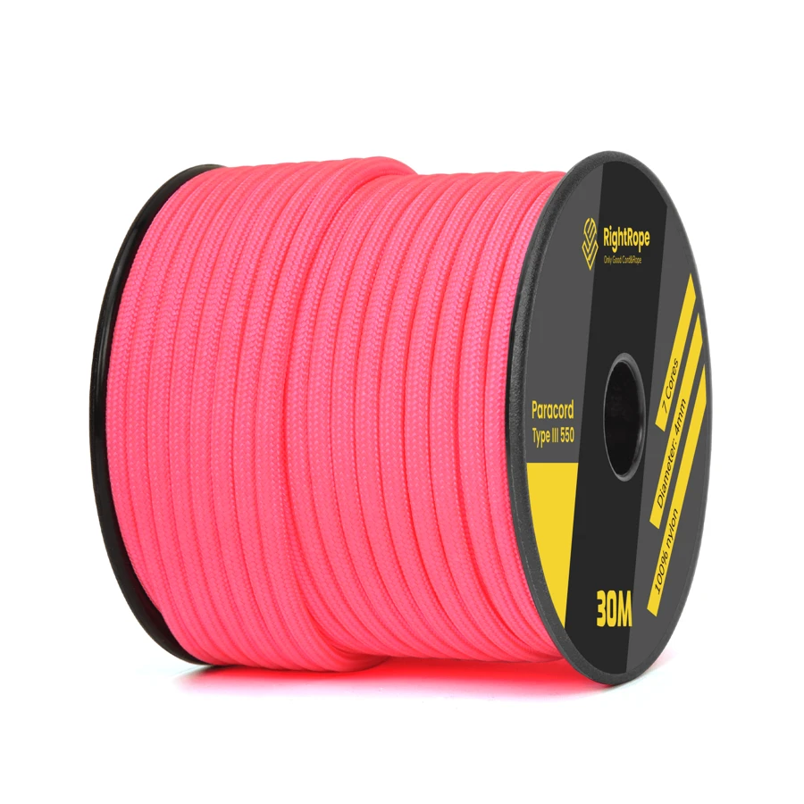 100%尼龍繩7股4mm 50ft 100ft第三型降落傘繩550，適用於手鐲，DIY，露營，徒步旅行，求生降落傘繩露營必備用品