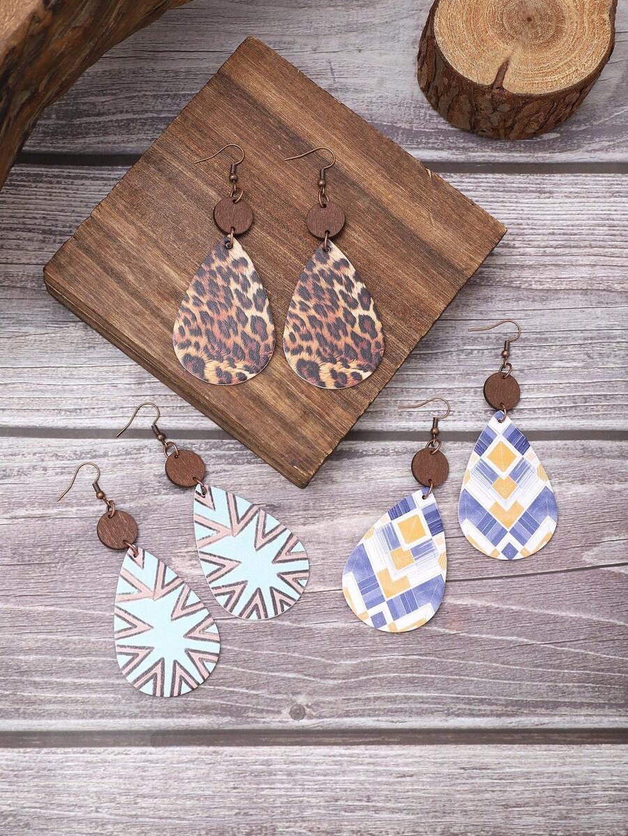 1 对格子不对称菱形和豹纹设计皮革耳坠 - 彩色 - 查看 1