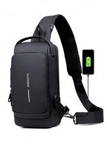 1個 密碼鎖斜挎包含usb端口,運動和休閒胸包 - 黑色 - 查看 1