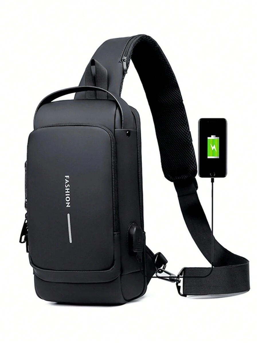 1個 密碼鎖斜挎包含usb端口,運動和休閒胸包 - 黑色 - 查看 1