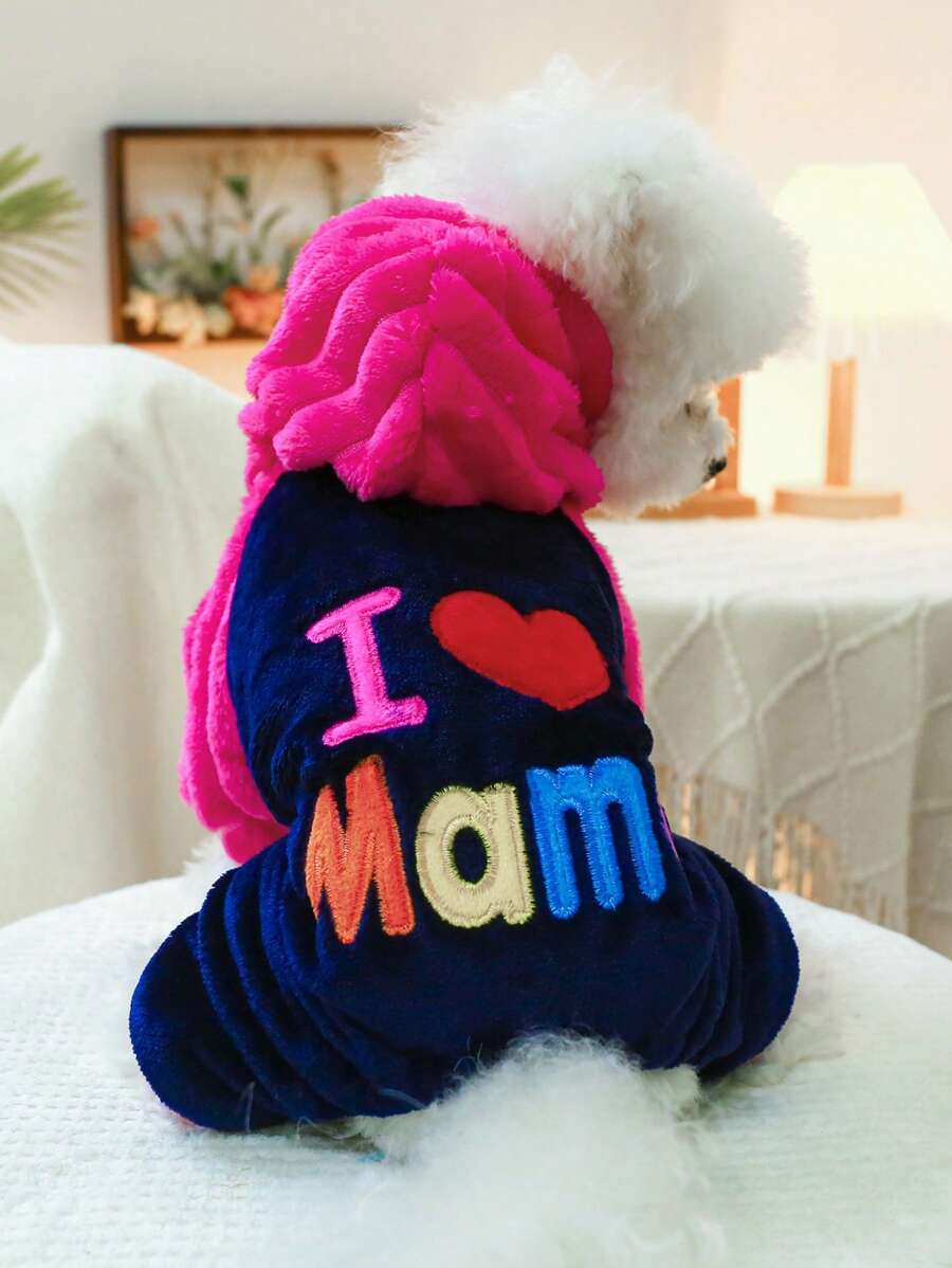 情人節1件寵物衣服狗和貓衣服冬季保暖柔軟舒適'i Love Mom'四腳外套 - 玫紅色 - 查看 1
