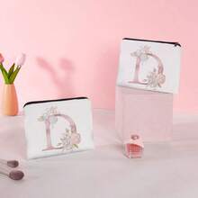 Letter & Flower Series 15, Teacher's Day Gift, Printed Girl Square Makeup Bag With Zipper, Portable Storage Bag For Toiletries, Cosmetics Pouch: White Background With Pink Lettering - D - View 4