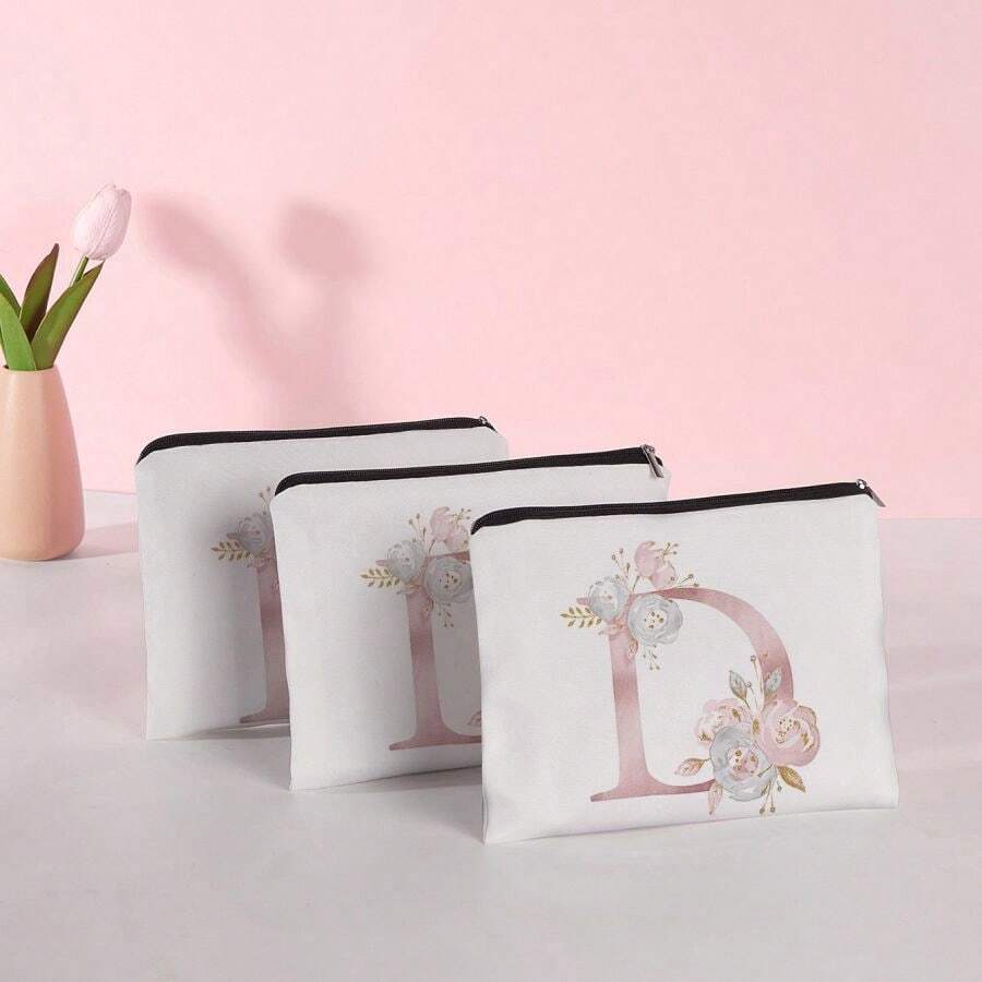 Letter & Flower Series 15, Teacher's Day Gift, Printed Girl Square Makeup Bag With Zipper, Portable Storage Bag For Toiletries, Cosmetics Pouch: White Background With Pink Lettering - D - View 1