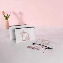 Letter & Flower Series 15, Teacher's Day Gift, Printed Girl Square Makeup Bag With Zipper, Portable Storage Bag For Toiletries, Cosmetics Pouch: White Background With Pink Lettering - D - View 3