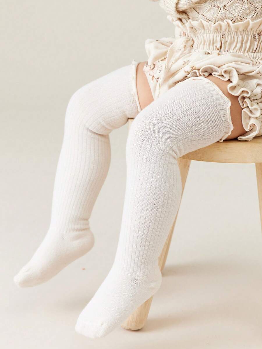 1pair Unisex Soft And Breathable Sports Style Baby Knee-High Socks, White, Suitable For 6-12 Months / 1-2 Years - White - View 1