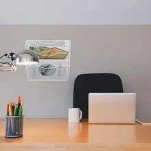 1pc Office File Organizer, Iron Mesh Basket, 3 Pocket Vertical Hanging File Storage Mesh Rack, Office Storage Shelf With Hook, Home Magazine Organizer Rack, Office Supplies, Home Organization - White - View 3