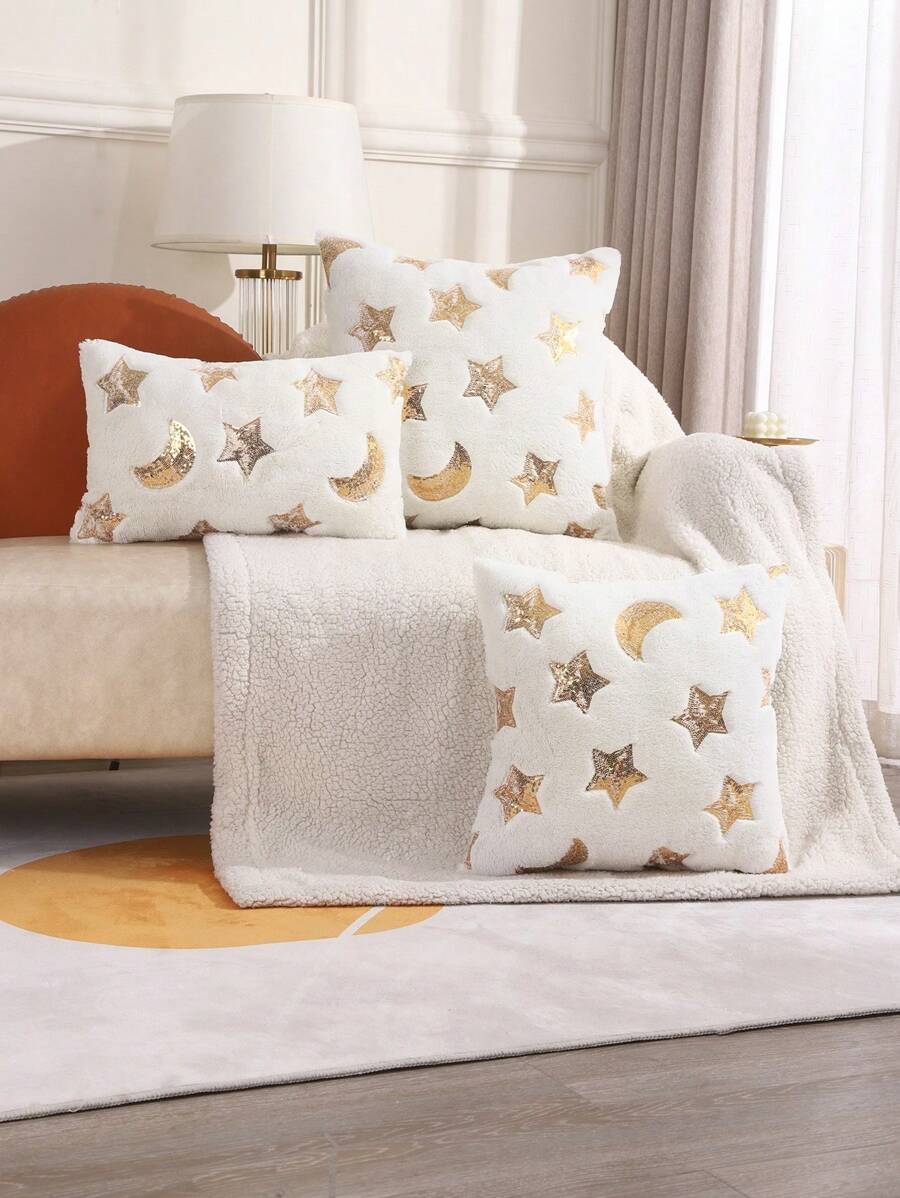 Miater 1 Miếng Mặt trăng & Ngôi sao Hình dạng Thêu Sang trọng Vỏ gối - trắng - Xem 1