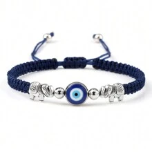 1 pieza Brazalete trenzado vintage con cuentas de ojo turco azul, hilo de nailon, dije de aleación con elefante, joya de pulsera y brazalete de pareja