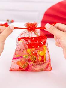 10 件套裝,9*12 公分星月設計糖果收納袋,金箔印花歐根紗禮品袋,粉紅色創意網狀抽繩禮品袋 - 粉色 - 查看 4