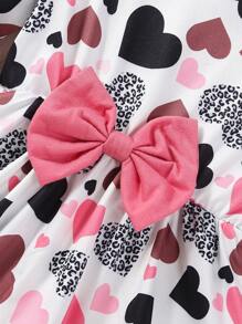 Young Girl Valentine's Day Heart Print Bow Decor Top And Solid Color Pants Set - 粉色 - 查看 3