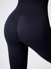 女士纯色收腹长袖运动连体衣塑身衣 - 黑色 - 查看 7