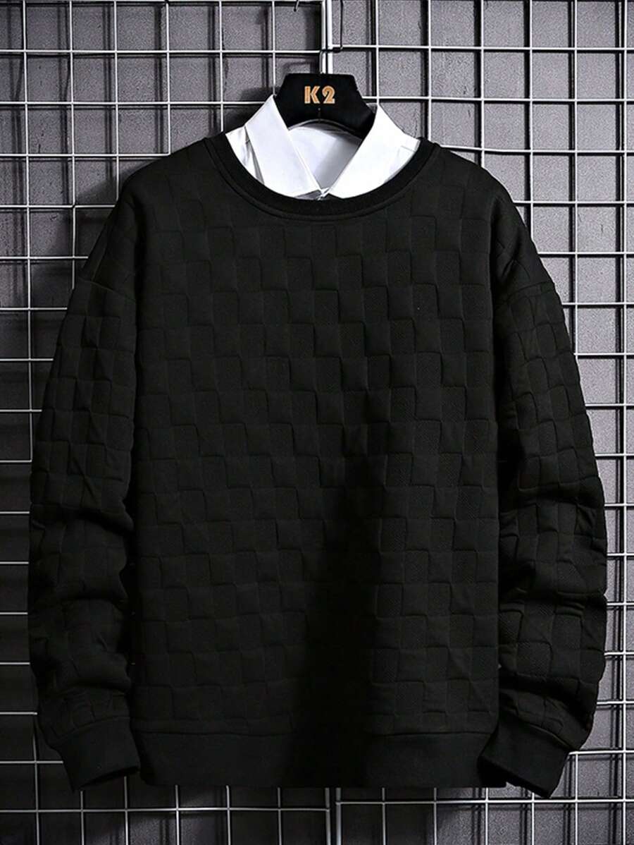 Men's Spring And Autumn All-Match Plaid Texture Round Neck Athletic Sweatshirt Gym Clothes Men Spring Tops