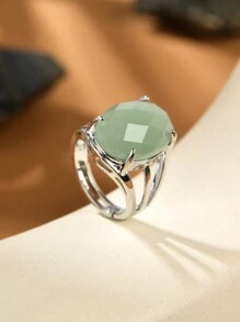 1只天然水晶/礦石石頭卵形切面開口戒指,適用於女性