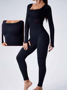 女士纯色收腹长袖运动连体衣塑身衣 - 黑色 - 查看 2