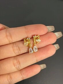 1對美麗的貓眼＆鑽石裝飾s925純銀耳針,適用於女士情人節,婚禮,派對 - 黃金色 - 查看 2