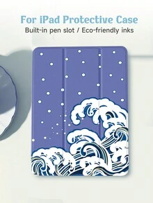 1入組豎波浪曲線和圓點圖案平板電腦保護套,配有筆套,防跌落和睡眠/喚醒功能,適用於三星、華為、小米和ipad - 彩色 - 查看 6