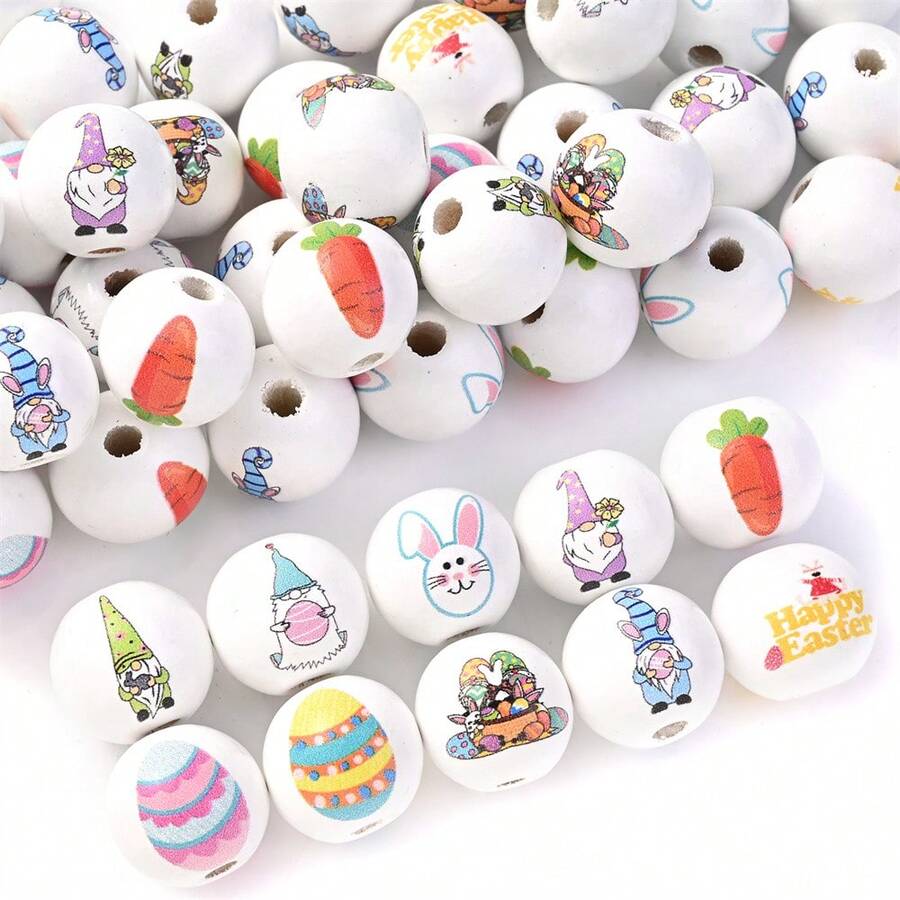 10pcs Easter Wood Beads Colorful Round Craft Bead Rabbits Egg Wood Bead For Spring Garland DIY Easter Holiday Family DIY Crafts - Multicolor - View 1
