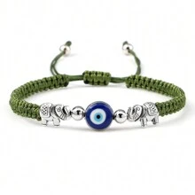 1 pieza Brazalete trenzado vintage con cuentas de ojo turco azul, hilo de nailon, dije de aleación con elefante, joya de pulsera y brazalete de pareja