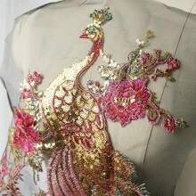 1pc Sequin Peacock Flower Embroidery Applique, Great For Wedding Qipao, Dress And Suit Embellishment - Pink - View 4
