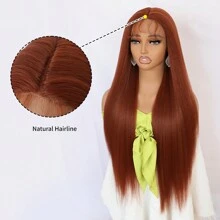 32英寸橙色長絲直合成纖維t型鏈接前沿假髮,13x1x4耐高溫不需膠假髮,時尚女士的自然切髮線替代品,適合女性日常晚會度假使用 - 臟橘色 - 查看 8