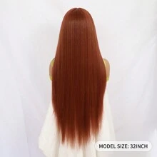 32英寸橙色長絲直合成纖維t型鏈接前沿假髮,13x1x4耐高溫不需膠假髮,時尚女士的自然切髮線替代品,適合女性日常晚會度假使用 - 臟橘色 - 查看 6