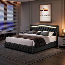 HIFORT Smart LED Bed Frame With 4 Drawers And Wingback Headboard, Faux Leather Platform Bed Frame With Diamond Tufted Headboard And Footboard, White/Black, Full/Queen/King