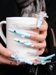 Upgrade Your Look With New 10pcs Handmade  Exclusive Design New Year Valentine Extra Long 3D Nails Y2K Cute Blue Press On Nails With 3D Bowknot, Easy To Wear - Blue - View 4