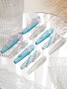 Upgrade Your Look With New 10pcs Handmade  Exclusive Design New Year Valentine Extra Long 3D Nails Y2K Cute Blue Press On Nails With 3D Bowknot, Easy To Wear - Blue - View 3