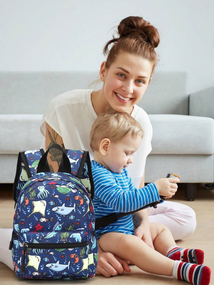 1pc Cartoon Printed Polyester Zippered Fashion Backpack For Boys And Girls Suitable For Daily Use Such As School - Blue - View 1