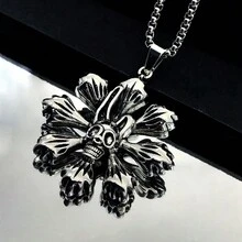 1 件男士欧美钛钢花朵骷髅头吊坠个性朋克项链复古不锈钢骷髅花项链 - 復古銀色 - 查看 2