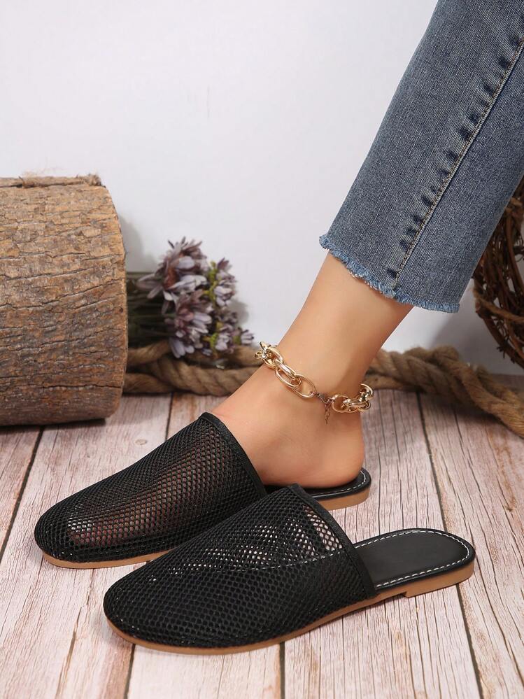 New Arrival European And American Style Plus Size Women's Mesh Embellished Flat Non-Slip Slippers - Black - View 3