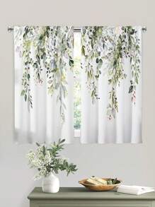 2pcs Watercolor Green Sage Leaves  Curtain,Without Holes Curtain, Refer To Bedroom Office Kitchen Living Room Study Home Decor