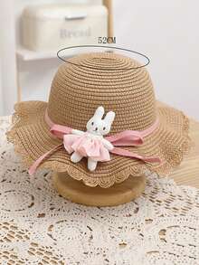 New Girl's Cute Princess Straw Hat With Rabbit Doll Sunscreen & Beach Cap For Travel & Daily Wear - Brown - View 2