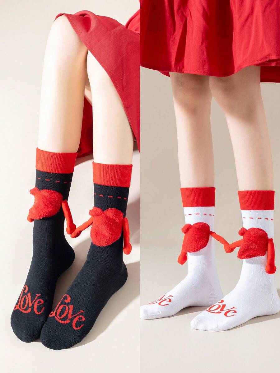 Syviss 2雙不分男女情侶袜,心形與手形設計,情人節禮物 - 彩色 - 查看 1