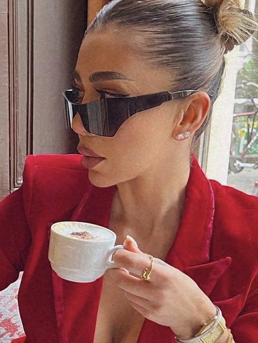 1pc Geometric Y2k Style Frameless Curved Cycling Glasses With For Outdoor Sports Fashionable Fashion Glasses - Black - View 1