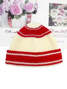 1pc Winter Knitted Hat With Red Folded Edge, Simple & Fashionable Beanie Cap, Warm And Comfortable - Multicolor - View 4