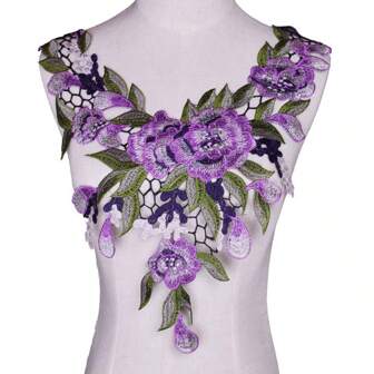 1 件紫色花朵水溶性刺绣缝纫装饰边框