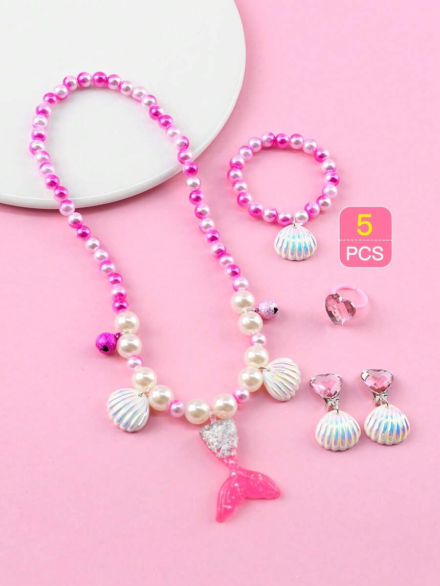 Juego De 5 Collares De Cuentas Coloridas Y Lindas Para Niños, Con Colgante De Cola De Pez Y Concha - Multicolor - Ver 1