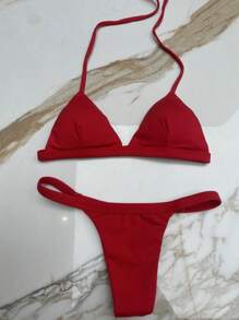 Bikini De Cinta Roja Con Tangas De Hilo Dental Y Copas Removibles - Rojo - Ver 7