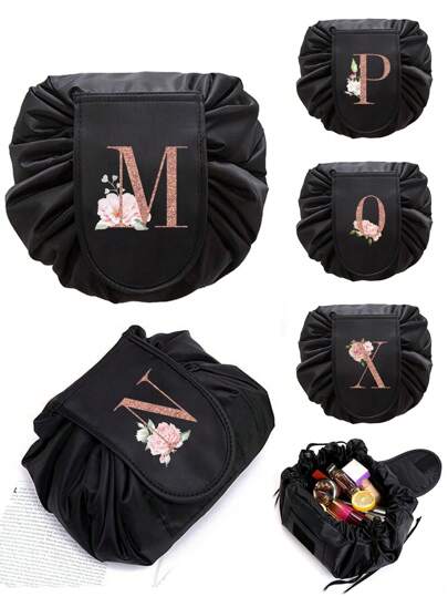 女士抽绳化妆包防水化妆包熊首字母名字 26 个字母图案收纳袋化妆包化妆包盒旅行抽绳收纳袋学生洗漱包单肩包化妆包女孩礼物化妆包化妆品收纳盒化妆品收纳