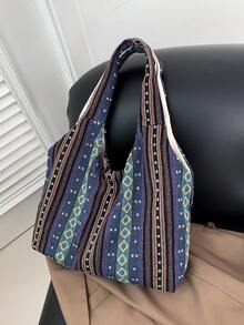 1pc Blue Geometric Pattern Fabric Open Top Shoulder Bag, Portable And Suitable For Women's Daily Use - Blue - View 7