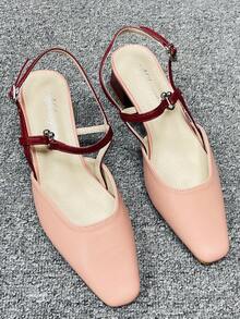 女式粉紅公主風方頭低跟涼鞋粗跟搭扣帶夏季透氣韓版時尚 - 粉色 - 查看 3