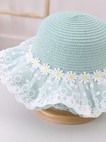 Girls' New Cute Princess Daisy Lace & Straw Woven Hat, Suitable For Beach, Travel And Daily Wear - Green - View 5