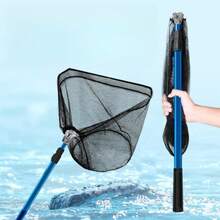 可收縮和可延長的精緻網眼不銹鋼折疊釣魚降落網,附望遠鏡竿,三角形狀,釣魚工具 - 黑色 - 查看 1