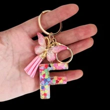 1个女士字母钥匙扣，心形闪光树脂字母，蝴蝶吊坠和流苏，新颖的背包挂件，情人节汽车配饰包包挂饰，学校万圣节配饰，教师节圣诞节礼物创意，带证件夹的挂绳，汽车配饰包包挂饰，送给母亲、父亲、毕业生和老师的礼物 - 粉色 - 查看 22