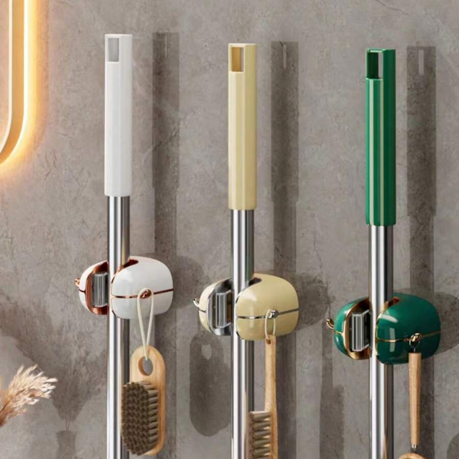 Punch-Free Mop Clip Hanger, Wall Mounted Broom Holder With Strong Adhesive For Bathroom And Kitchen - Green - View 1