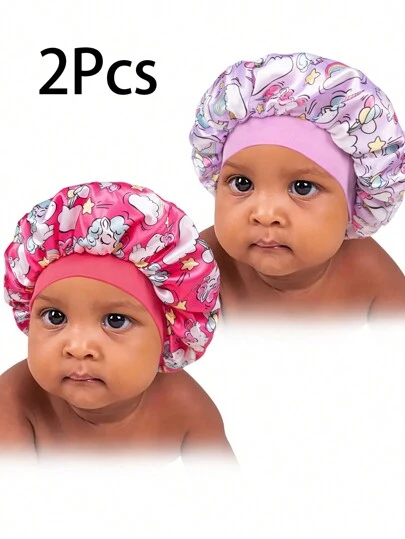 Awegeo 2pcs Kids' Narrow-Brim Elastic Printed Sleep Cap & Headband Combo In Multiple Colors