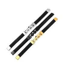 1pc Fashionable Men's Hollow Lock Buckle Chain Bracelet With Stainless Steel & Braided Leather Cord Creative Accessory - Gold - View 7