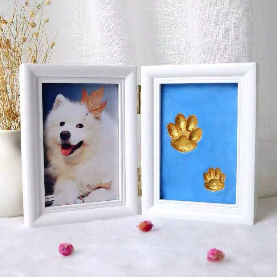 1pc Pet Paw Print Diy Ink Pad Picture Frame, Wooden Memorial Table For Dog/Cat - Blue - View 1