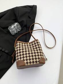 Retro Diamond Pattern Bucket Bag With High-End Feel, Crossbody Bag For Girls - Brown - View 7